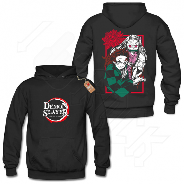 DEMON SLAYER NEZUKO & TANJIRO flower Hoodies Μαύρο με Στάμπα εμπρός και πίσω